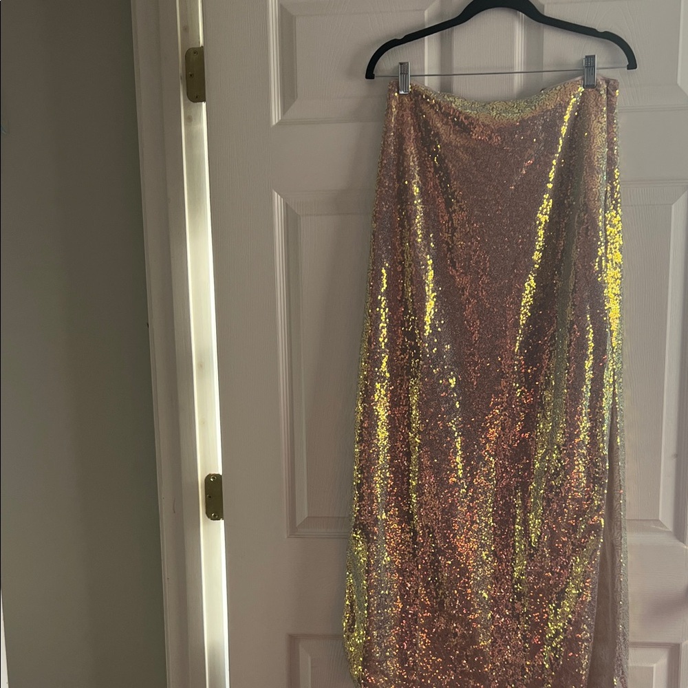 New York & Company Iridescent Side Slit Sequin Maxi Skirt